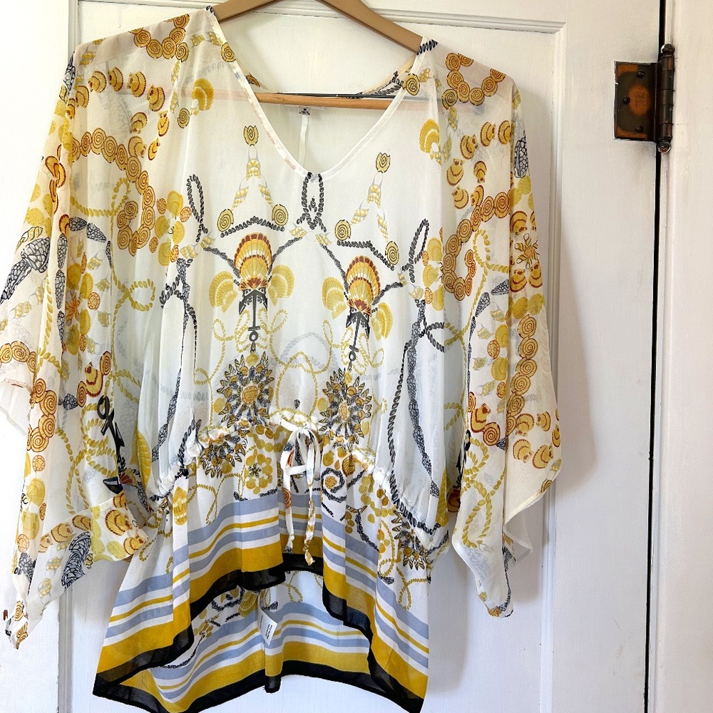 CAbi Sheer Draped Sleeve Abstract Floral Design Yellow Black Gray Stripes Blouse